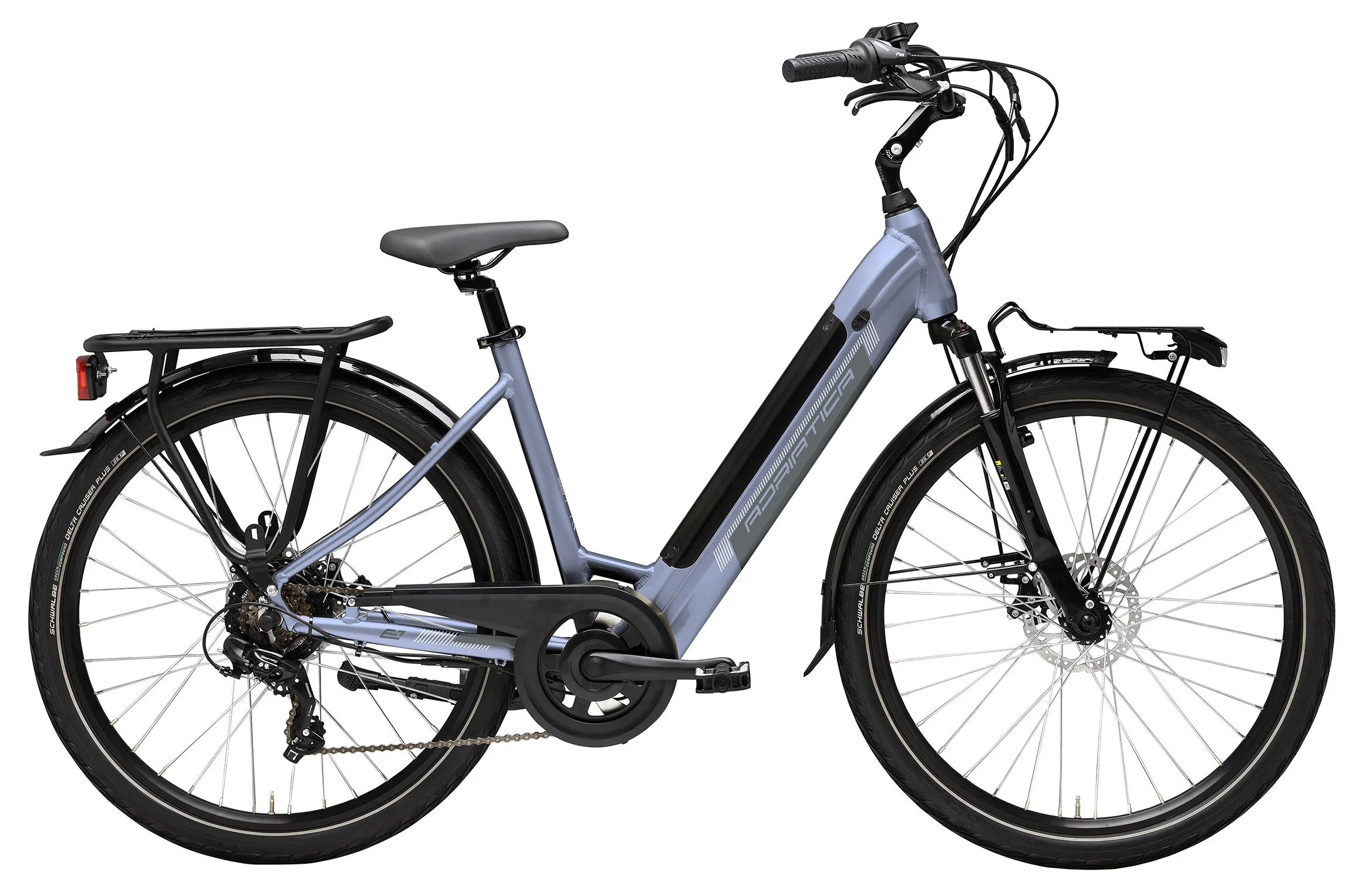 Bicicletta elettrica moderna con telaio grigio e nero, pneumatici neri e componenti metallici, senza persone.