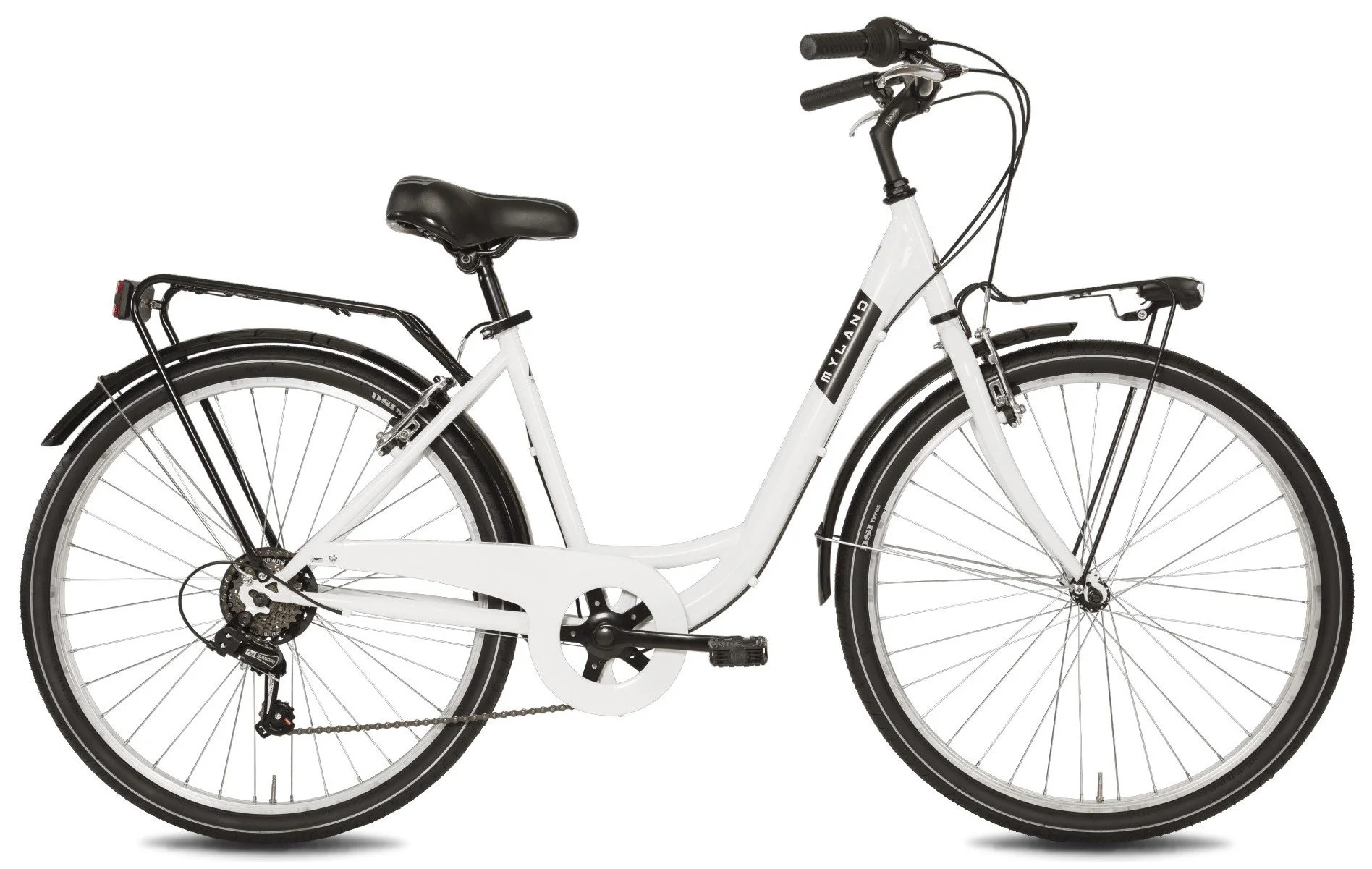 Bicicletta da città bianca con ruote nere e portapacchi posteriore.