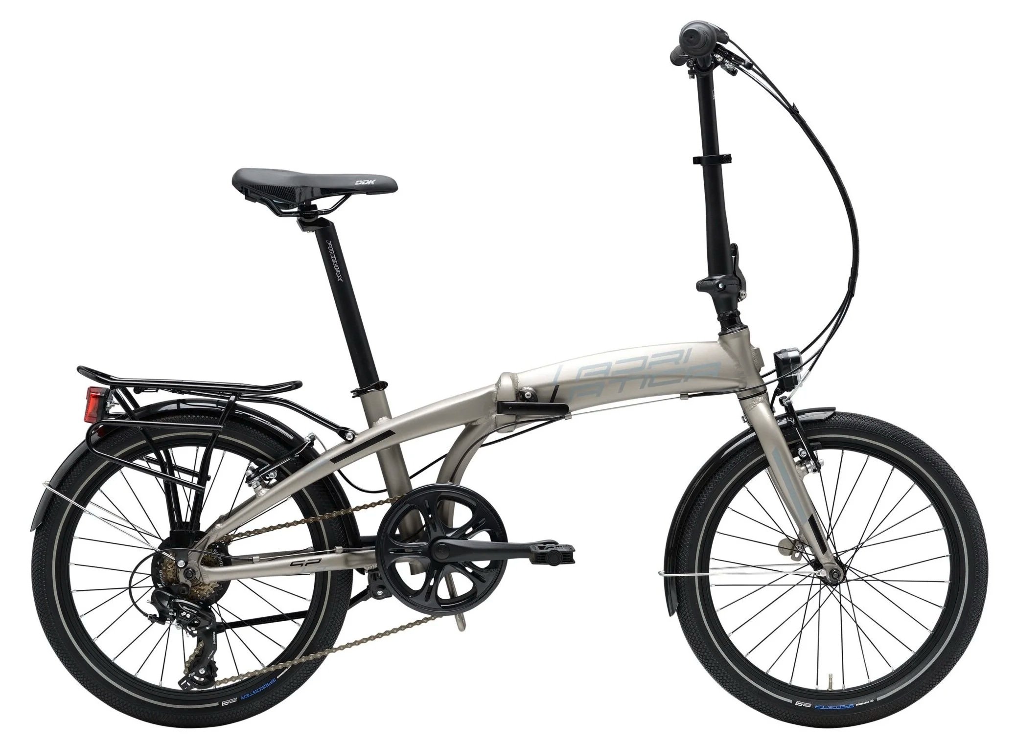 Bicicletta pieghevole con telaio in colore beige, pneumatici neri, sella nera e manubrio regolabile, presenta portapacchi posteriore e freni a disco.