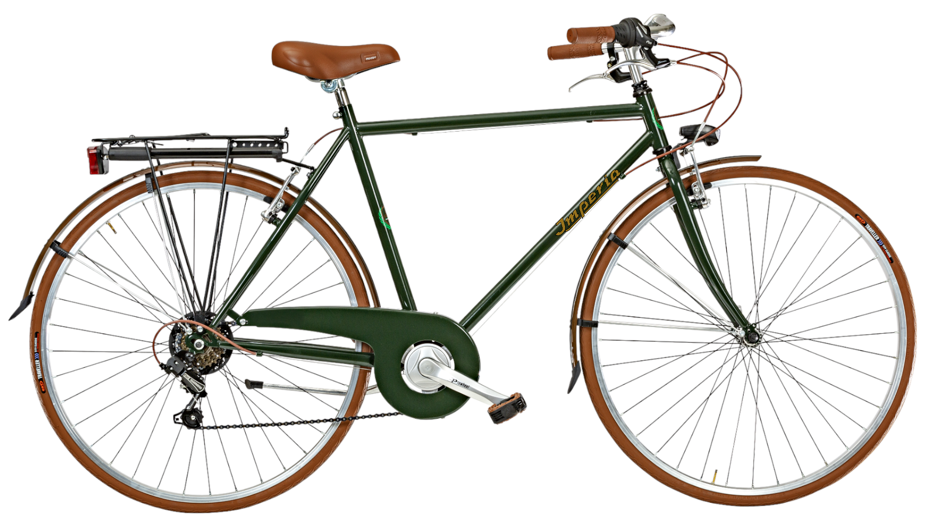 Bicicletta da città verde con portapacchi posteriore, sella marrone e manubri con manopole marroni.