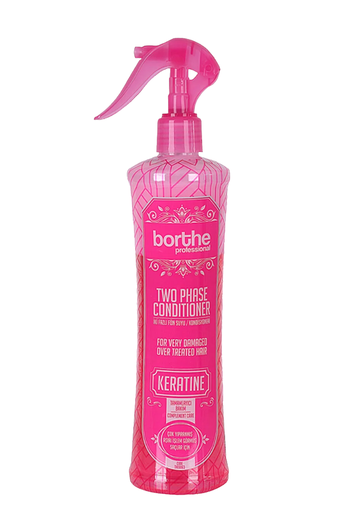 Pink Sprayflasche mit Borthe Professional Two Phase Conditioner für stark geschädigtes, überbehandeltes Haar, enthält Keratin.