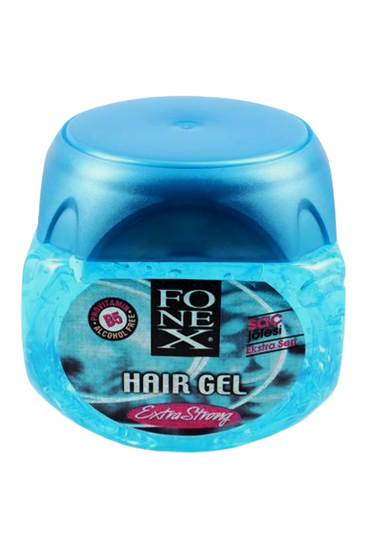 Ein blauer Behälter mit Haar-Gel, Marke FONEX, für extra starkes Haarstyling.