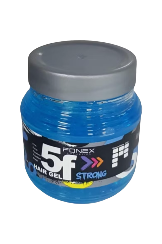 Ein blauer Haarwachsbehälter mit silbernem Deckel, labeled mit 'FONEX', '5f', 'Hair Gel', 'Strong' und verschiedene Pfeile auf einem schwarzen Hintergrund.