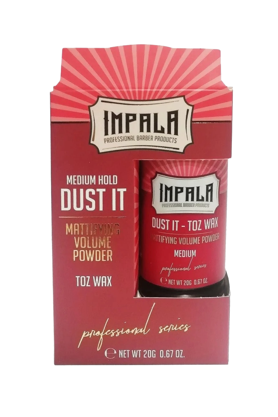 Verpackung für IMPALA Dust It, ein volumengebendes Mattierungspuder, in rotem Design mit schwarzem Boden, enthält 20g (0,67 Unzen).