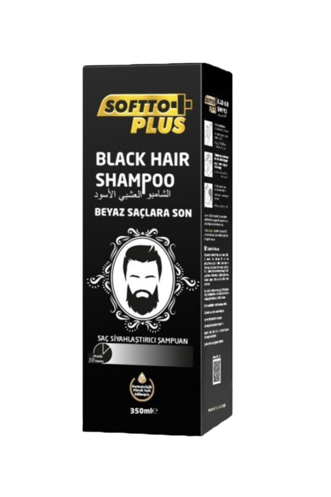 Schwarze Verpackung mit gelbem und weißem Text für Softto Plus Black Hair Shampoo, zusätzliche Beschriftung in mehreren Sprachen, inklusive einem verschnörkelten Rahmen mit Bart-Motiv, sowie Inhaltsangaben und QR-Code.