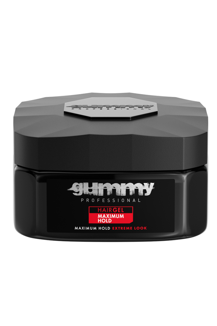 Schwarzer Behälter für professionelles Haargel mit dem Label 'glummy professional', rot-weißes Etikett mit der Aufschrift 'Hair Gel Maximum Hold'.