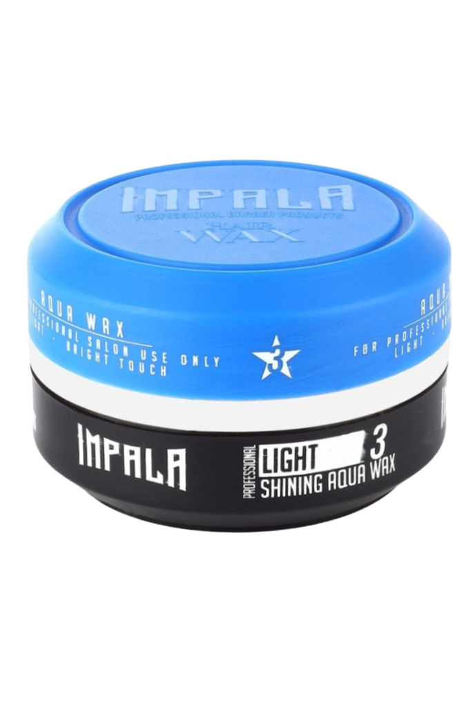 Ein blauer und schwarzer Kunststoffbehälter mit weißem Text, der professionelle hochwertige Glanz-Wach für Haare enthält.