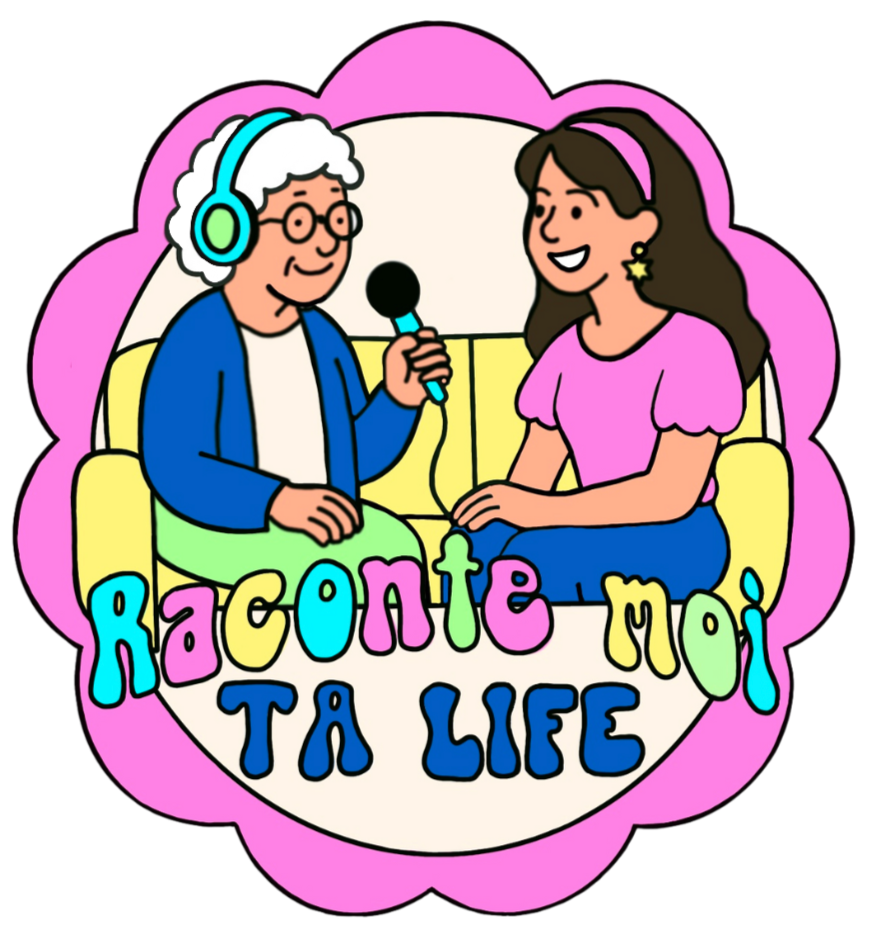 Une illustration colorée d'une femme et d'un homme assis sur un canapé, parlant dans un microphone, avec le texte 'Raconte Moi Ta Life' en bas.