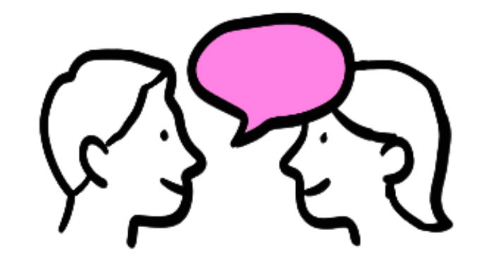 Deux silhouettes de personnes qui parlent, avec une bulle de dialogue rose au-dessus d'elles.