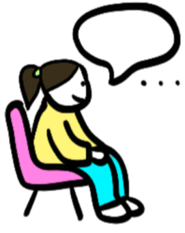 Un personnage assis sur une chaise, avec une fenêtre ou un espace vide à proximité, dessiné dans un style simple et coloré.