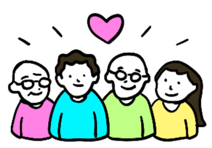 Quatre personnes avec des mains levées et un cœur rose au-dessus, symbolisant la solidarité ou l'amour.