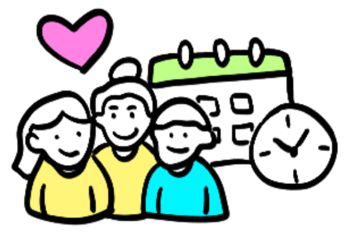 Illustration de trois personnes avec un calendrier de famille et un cœur rose au-dessus.