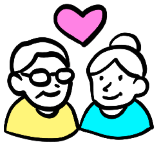 Dessin de deux personnes souriantes, une avec des lunettes, avec un cœur violet au-dessus, fond noir.