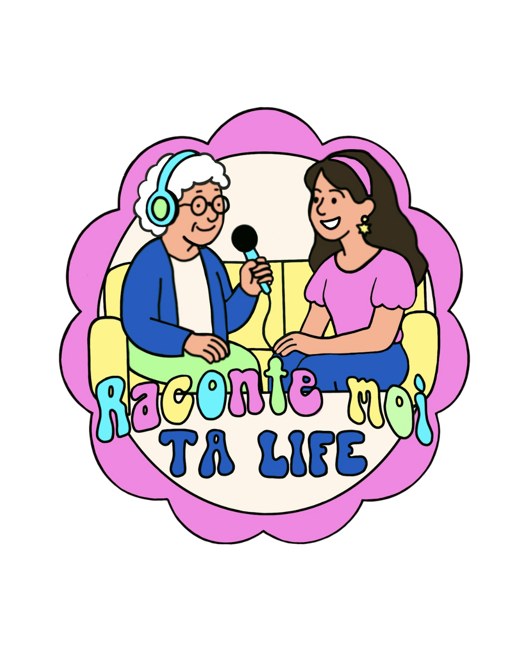 Illustration de deux personnes assises sur un canapé, une personne âgée portant des écouteurs, parlant dans un microphone tenu par l'autre personne, avec le texte 'Raconte moi ta vie' en dessous.