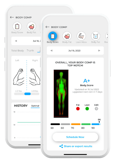 Screenshots of DexaFit ai app showing body composition stats