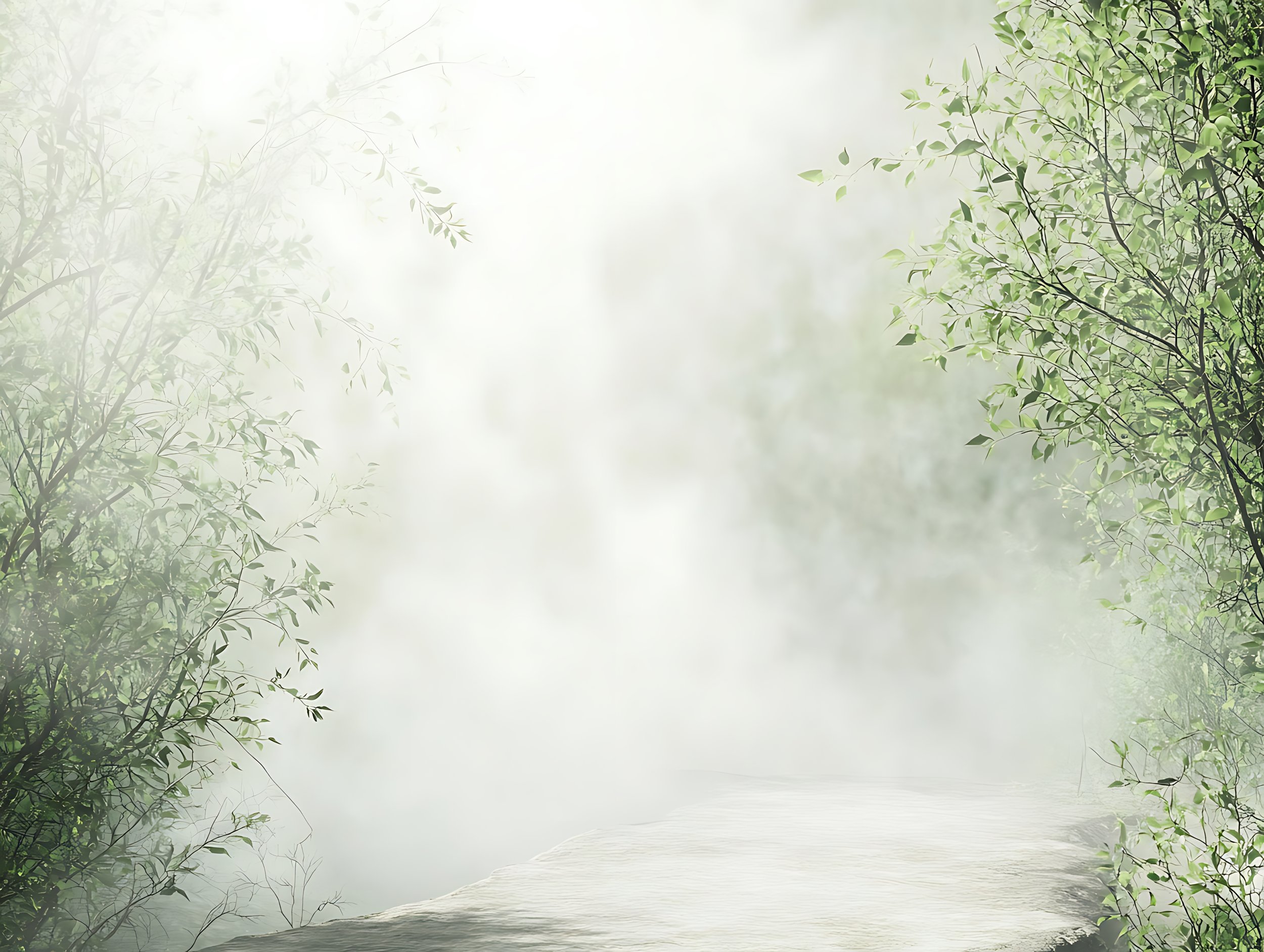 Luxury misty forest backdrop with soft sun rays, lush green foliage and an ethereal woodland atmosphere for elegant photo booth styling.