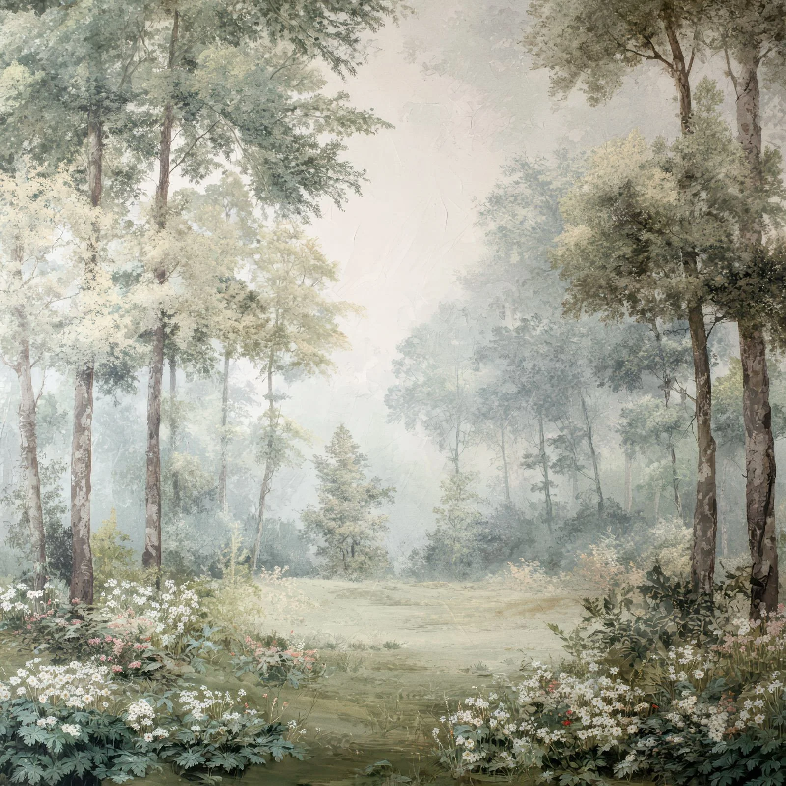 Luxury Misty Garden forest backdrop with soft watercolor trees, wildflowers, and a light open meadow center for elegant event photography.