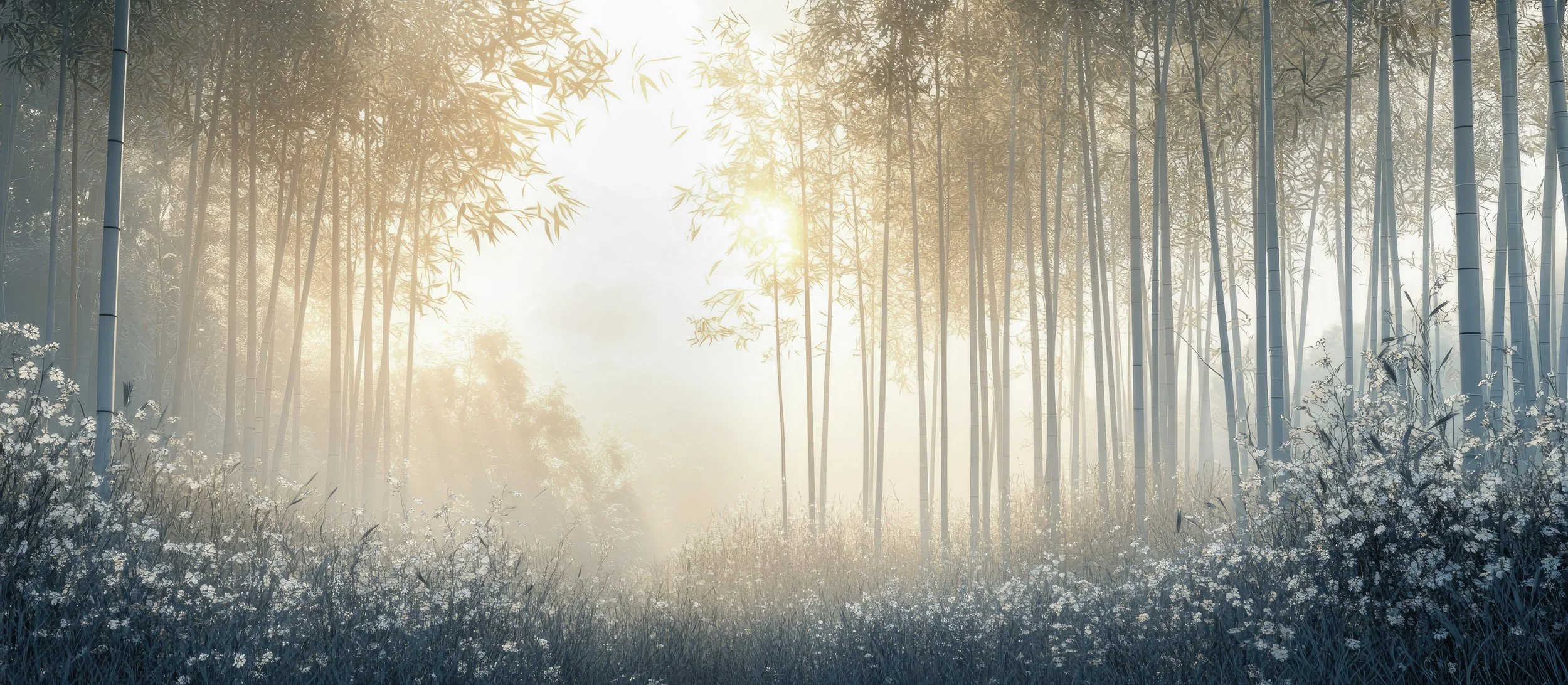 Luxury bamboo forest backdrop with soft golden light, misty sage tones, delicate white flowers and an elegant ethereal atmosphere for wedding photo booth styling.
