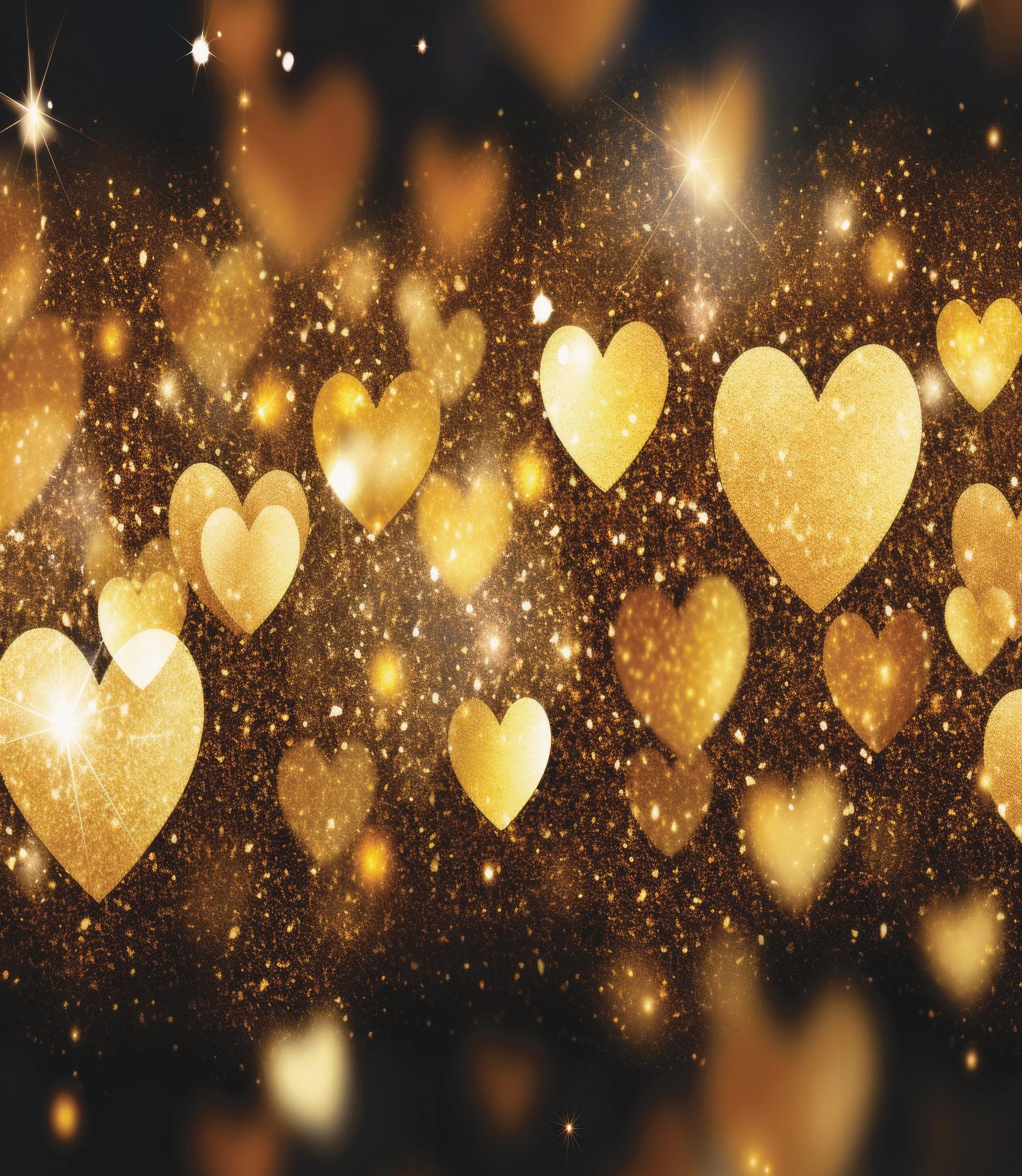 Golden glowing hearts and sparkling particles in a festive background.