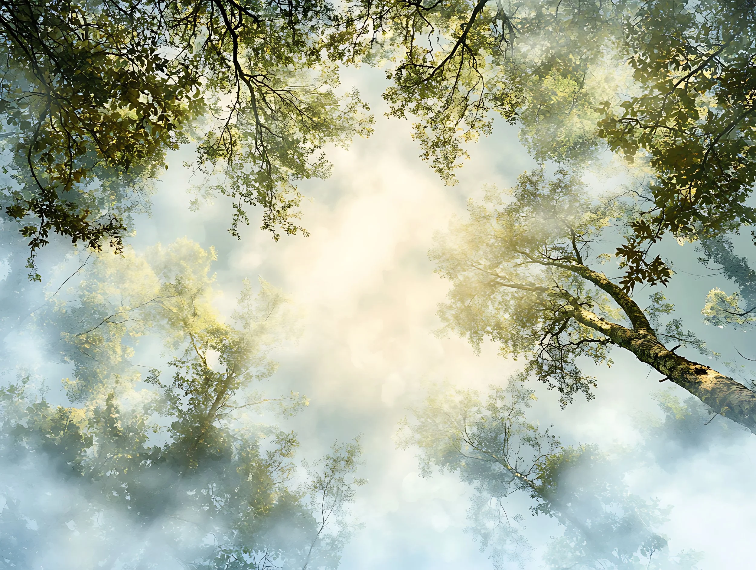 Soft forest canopy backdrop with glowing sunlight, misty treetops, and airy natural tones for elegant photo booth styling.