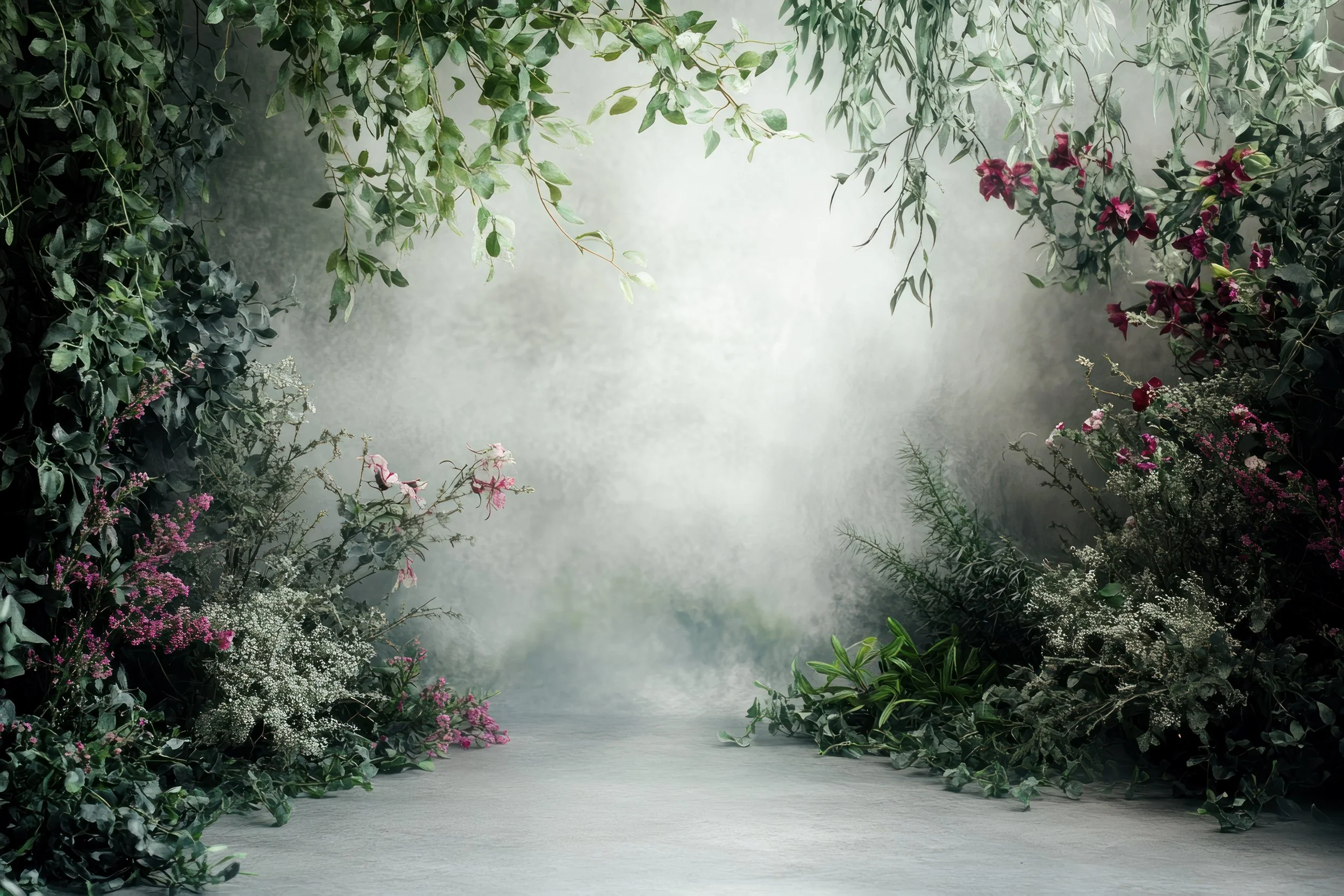 Romantic botanical backdrop with cascading greenery, soft misty center, and delicate pink and white florals for elegant photo booth styling.