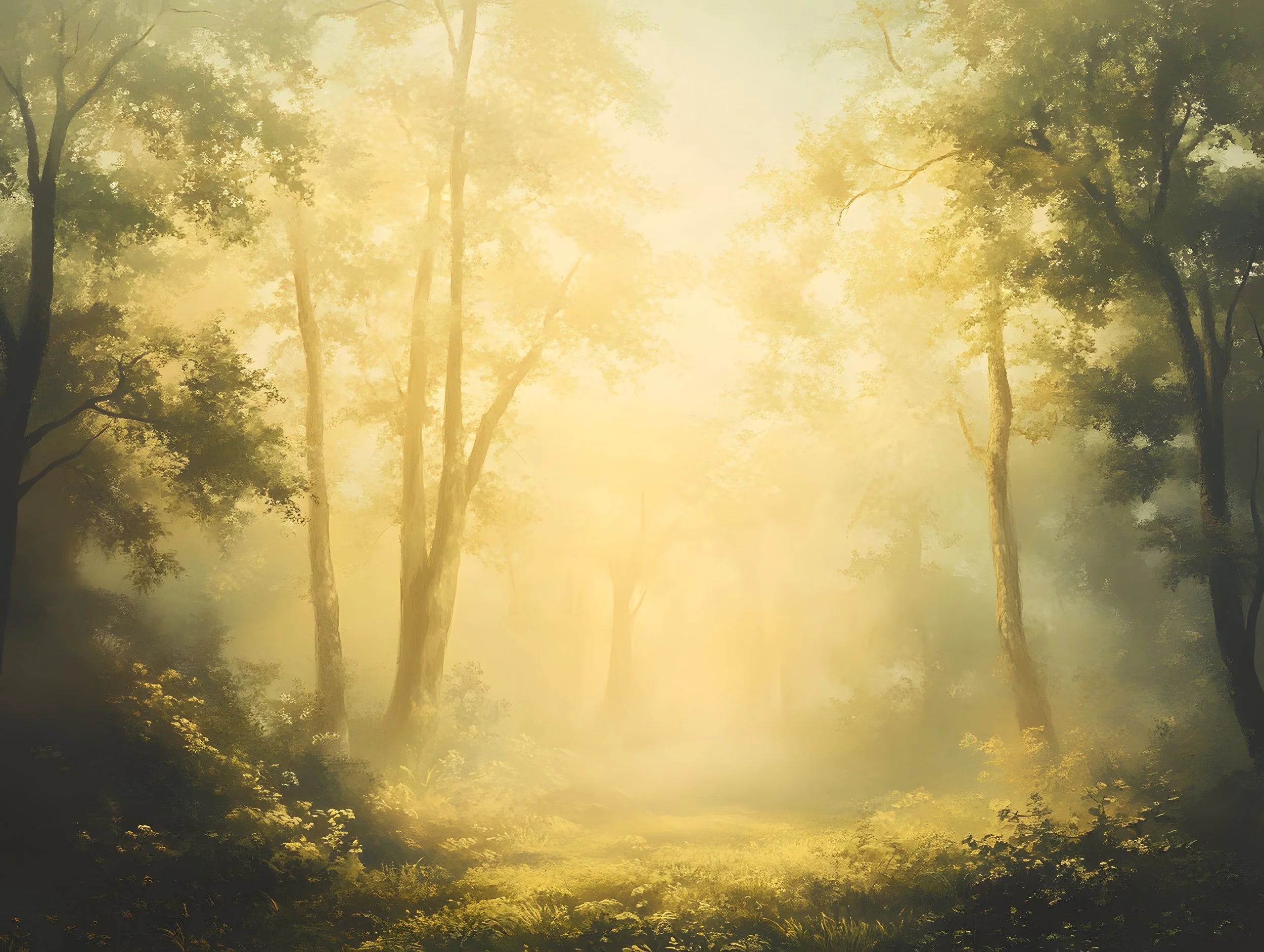 Warm golden forest backdrop with soft sunlight, misty trees and an enchanted woodland atmosphere for elegant photo booth styling.