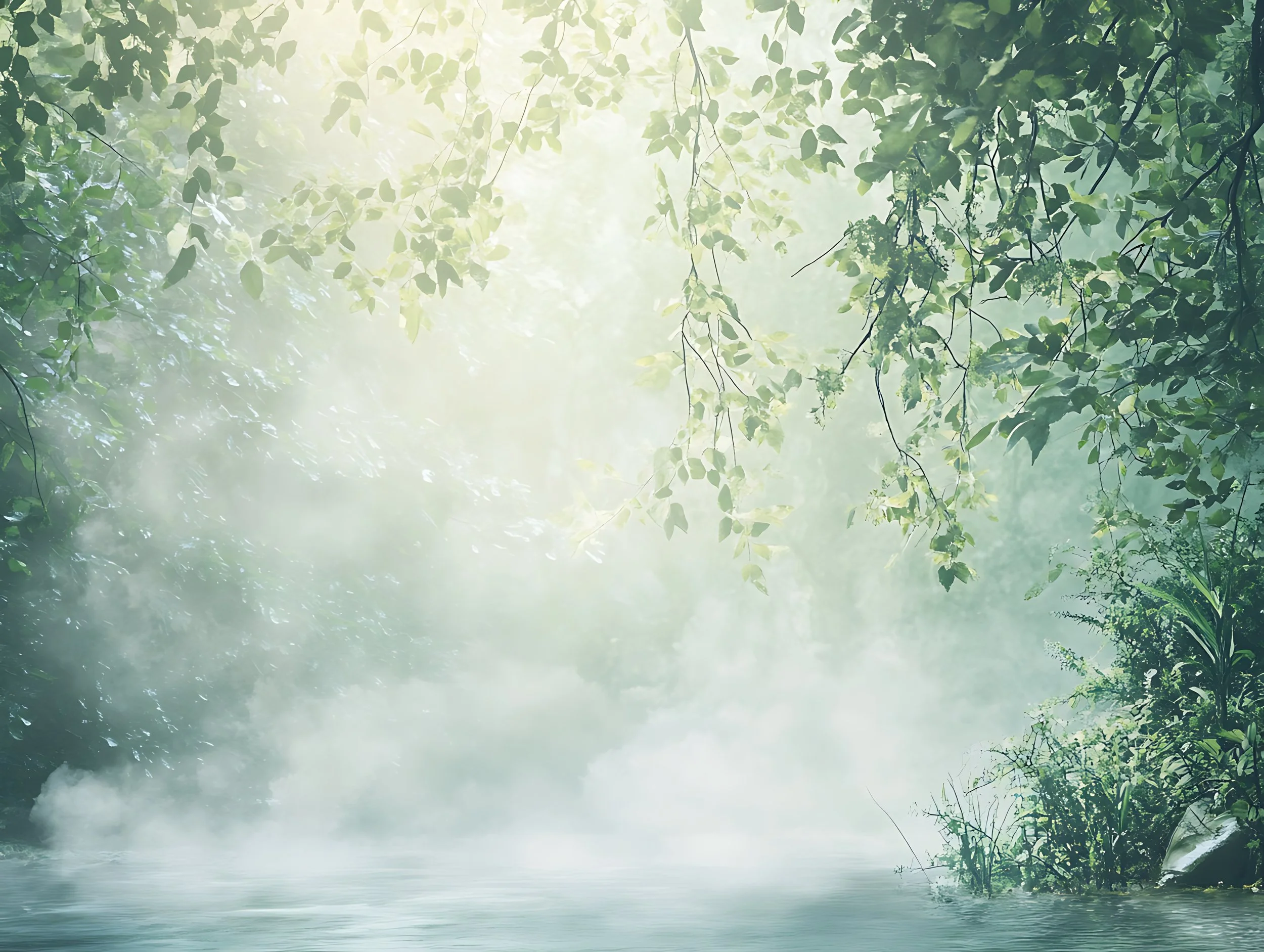 Luxury misty forest lagoon backdrop with soft green foliage, gentle water reflections, and an airy nature-inspired atmosphere for elegant photo booth styling.