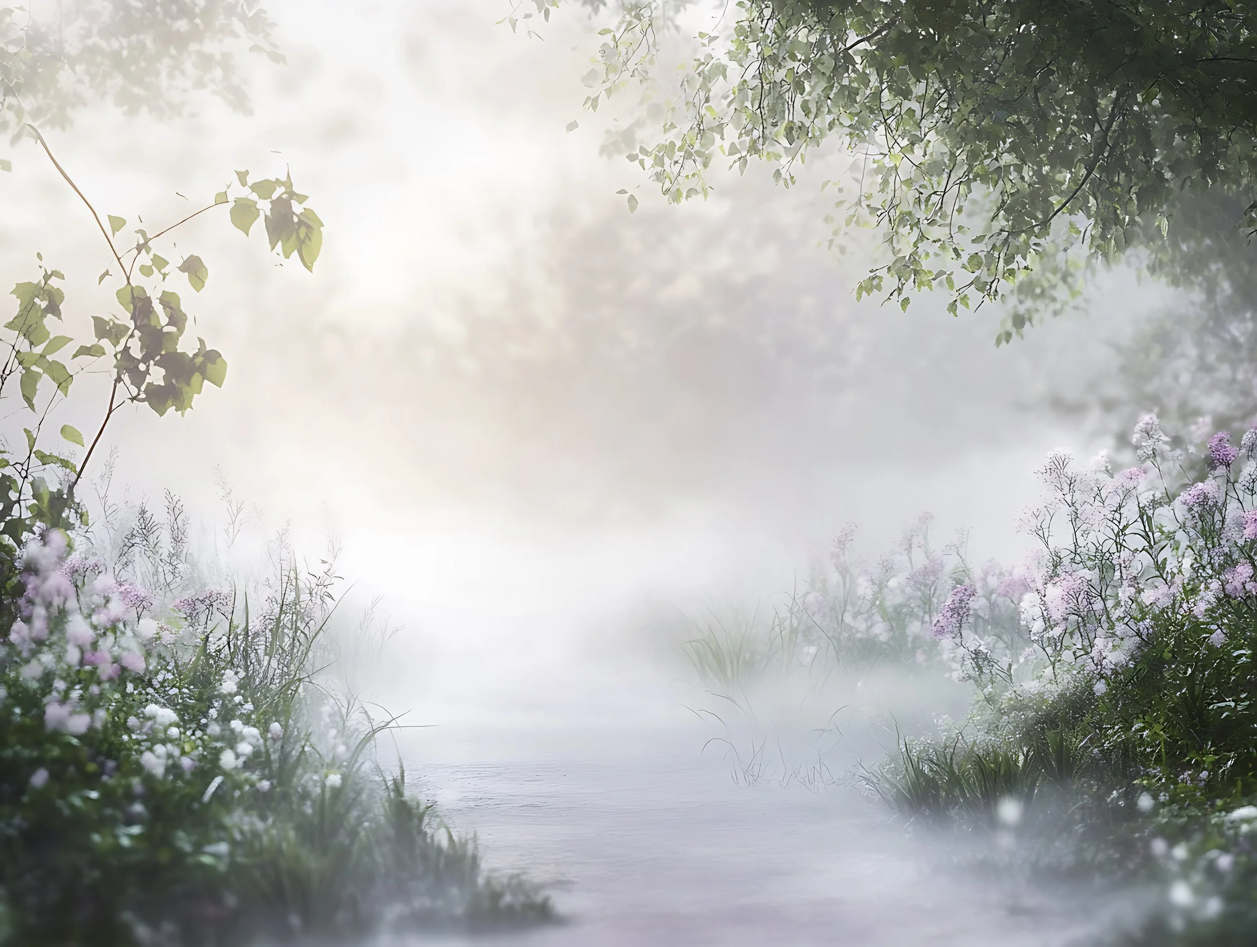 Dreamy floral garden backdrop with soft mist, delicate pink blooms, and an ethereal romantic atmosphere.