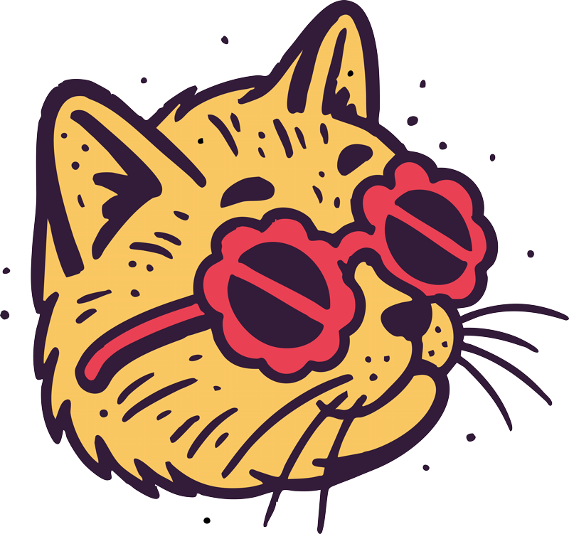 Ilustrirana mačka s ružičastim naočalama, maskota photo booth brenda The Vibe