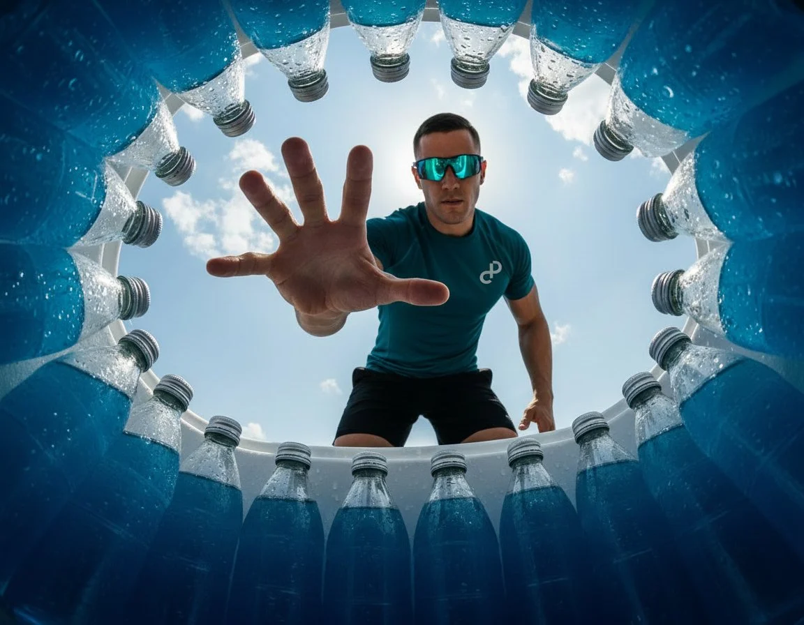 Dynamic perspective shot of a man wearing a Creative Perspective shirt reaching into a circle of blue bottles, representing taking control of digital strategy and brand authority.