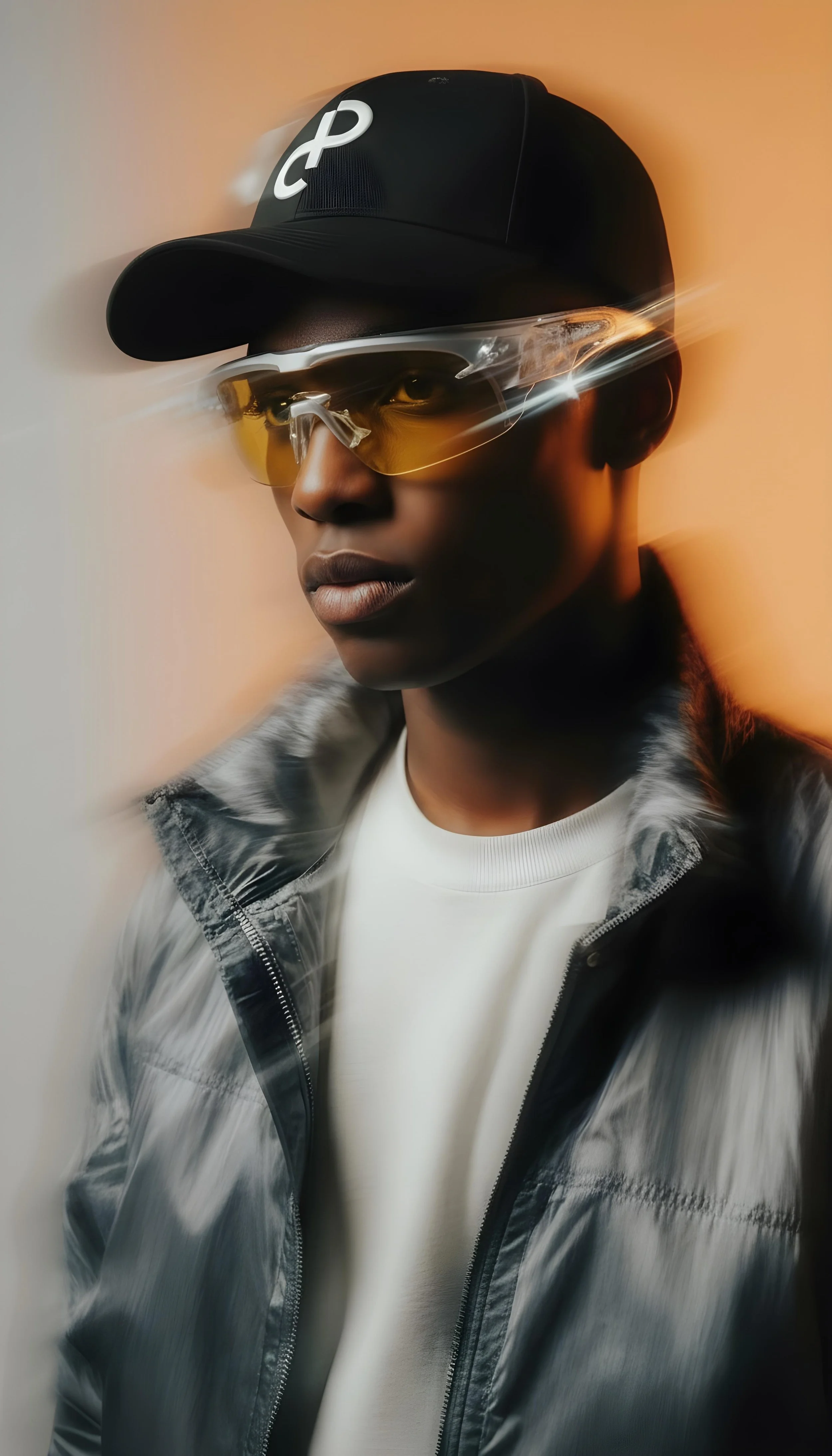 Editorial portrait of a confident man wearing a Creative Perspective logo cap and amber protective glasses with motion light streaks, representing bold brand identity, innovation, and forward-thinking digital strategy.