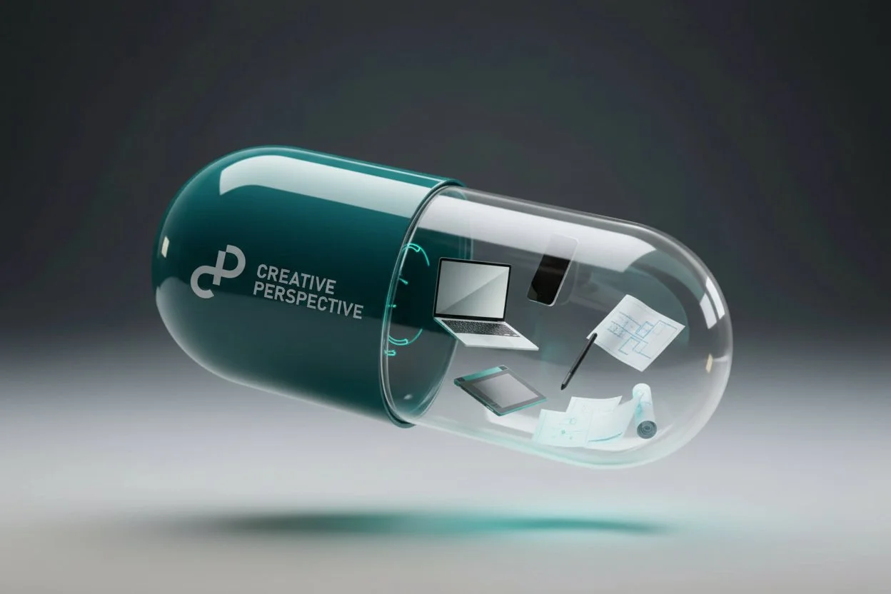 3D studio render of a premium teal capsule featuring the Creative Perspective logo with digital tools inside, symbolizing integrated branding, website design, and digital growth systems.