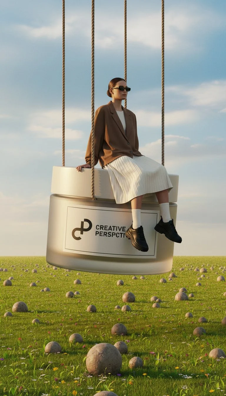 Editorial fashion image of a woman seated on a Creative Perspective branded platform in an open landscape, symbolizing elevated brand perception and strategic positioning.