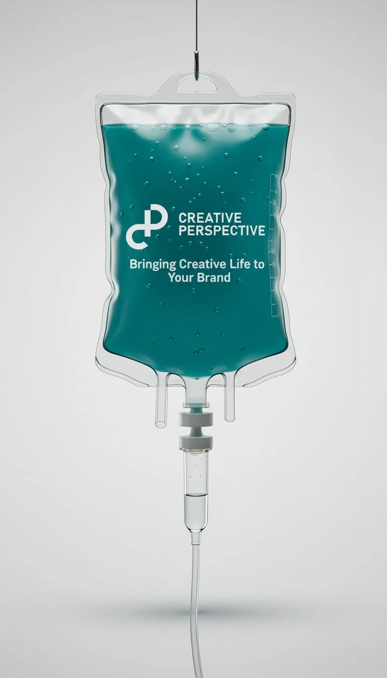 Hyperrealistic studio image of a teal IV drip bag branded Creative Perspective with the text “Bringing Creative Life to Your Brand,” representing brand revitalization and digital growth support.
