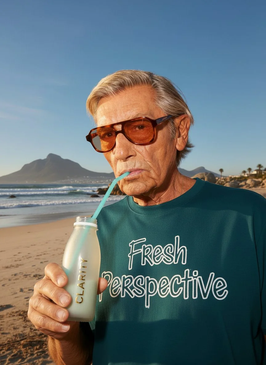 Editorial portrait of a man wearing a “Fresh Perspective” shirt and glasses at the beach, representing confident brand positioning and modern creative strategy.