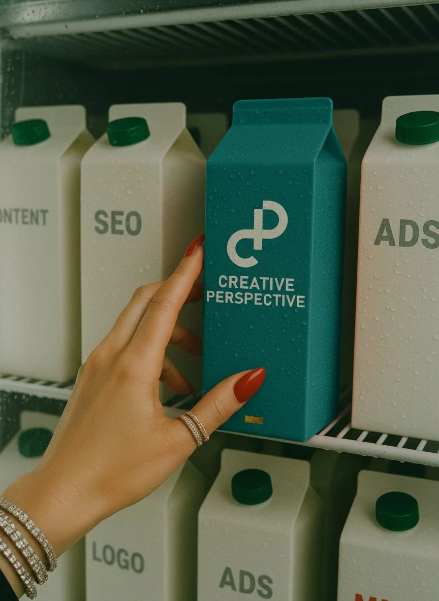 Commercial-style image of a teal carton with the Creative Perspective logo selected among white cartons labeled SEO, Ads, and Content, symbolizing choosing a premium digital marketing agency over generic services.