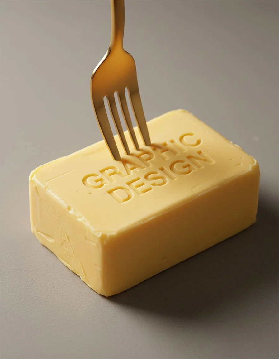 Minimal studio photograph of a smooth butter block engraved with “Graphic Design” pierced by a gold fork, representing refined, high-quality design execution by Creative Perspective.
