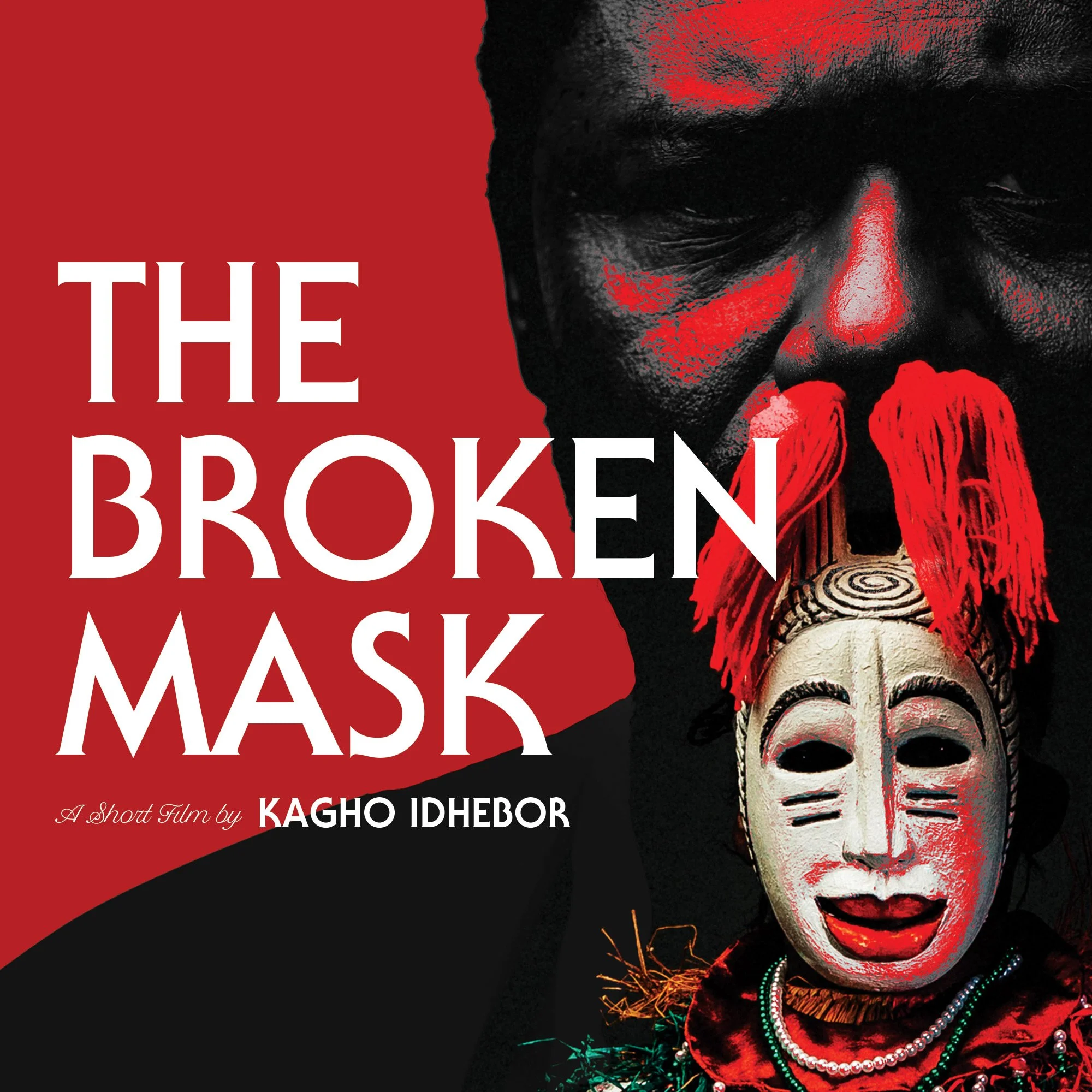 Cover of a short film titled 'The Broken Mask' showing an older person with dark skin holding an intricate mask in front of their face, with red and black colors dominating the image.