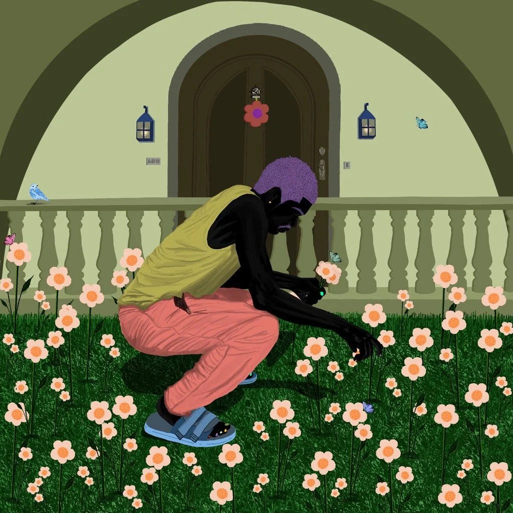A humanoid figure with black skin, purple hair, and black clothing crouches in a field of pink flowers outside a house with a porch and green walls. There are blue butterflies and birds around, and hanging lanterns and a flower on the house's front door.