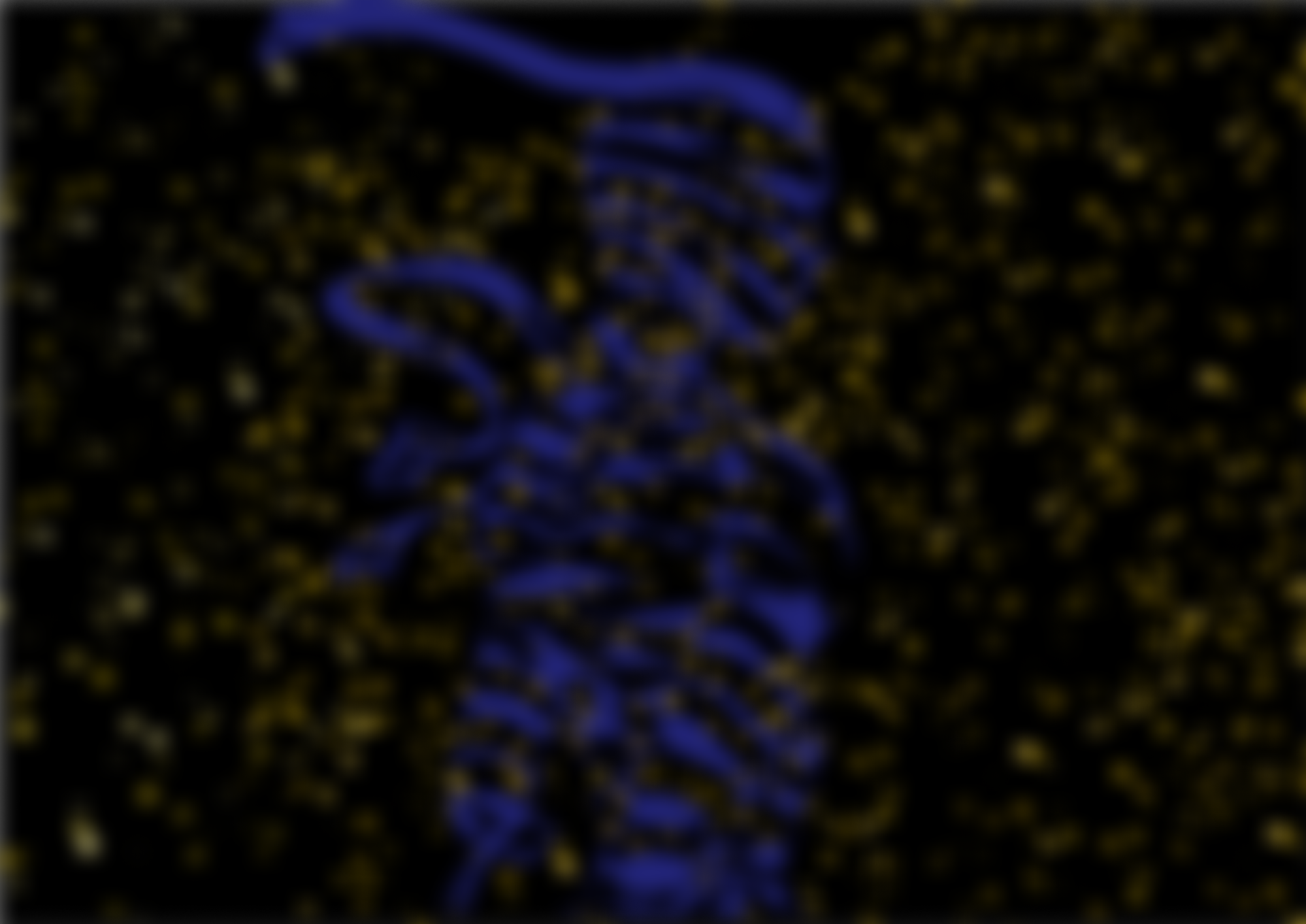 Close-up of a blue DNA double helix model on a black textured background with gold specks.