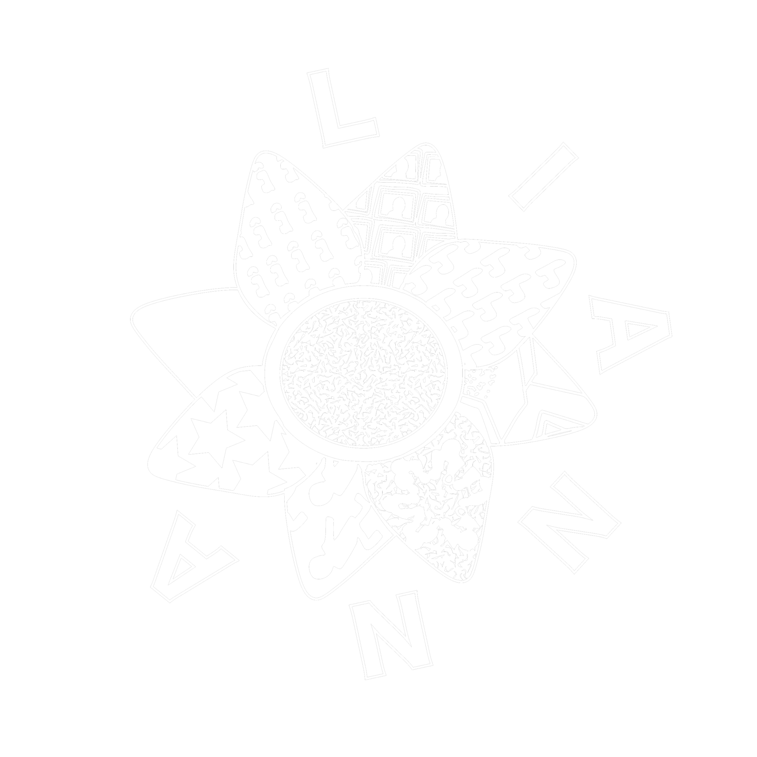 A black and white digital illustration of a stylized flower with patterned petals surrounding a circular center, with the letters N, E, S, and W spaced around the flower on a black background.