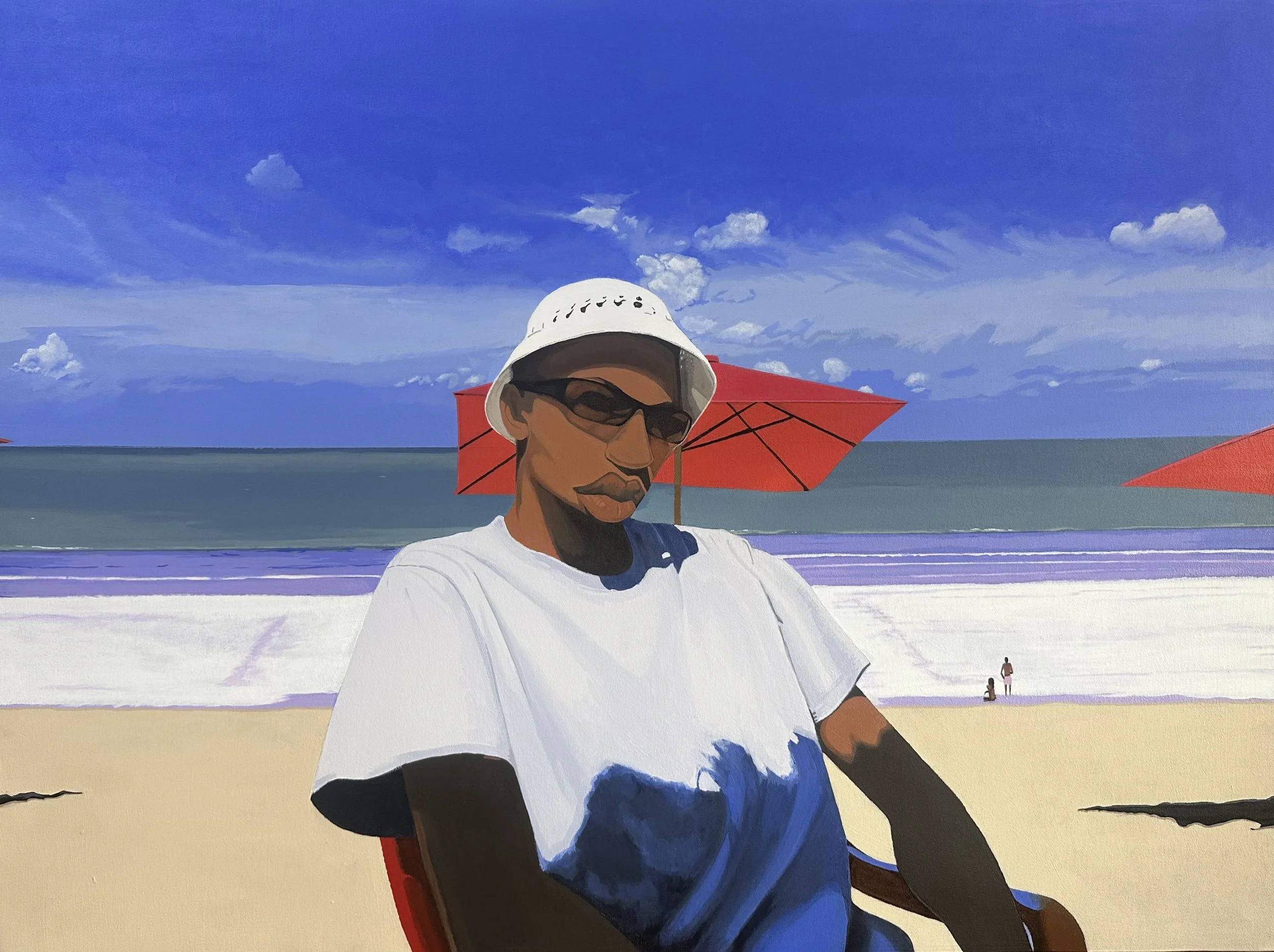 A stylized digital painting of a person wearing sunglasses and a white bucket hat, sitting on a beach with red umbrellas, blue sky, clouds, and ocean in the background.