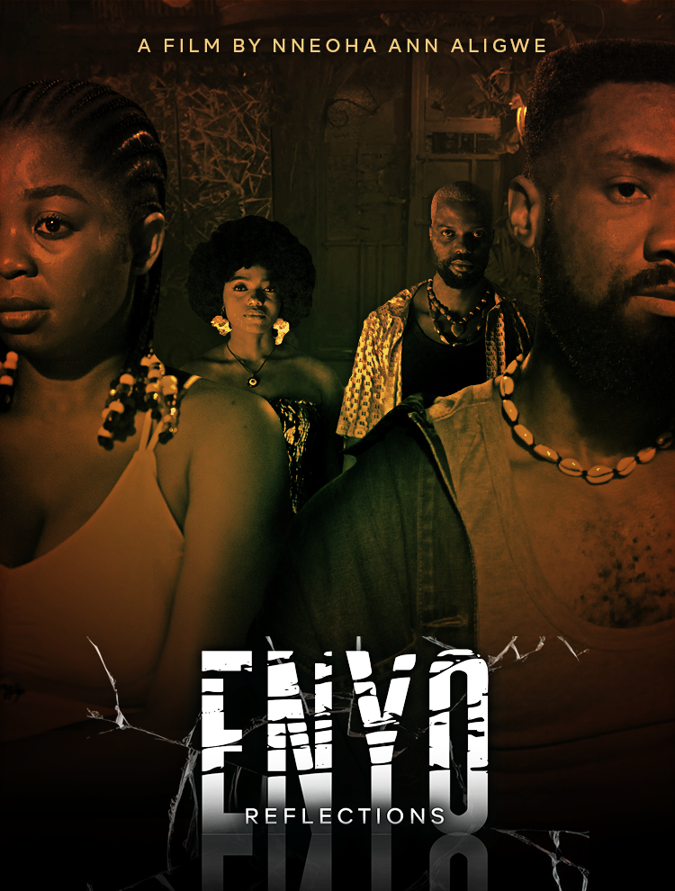 Promotional poster for the film "Enyo: Reflections" showing four diverse people with serious expressions. The background is dark and textured, and the title is cracked and reflected at the bottom.