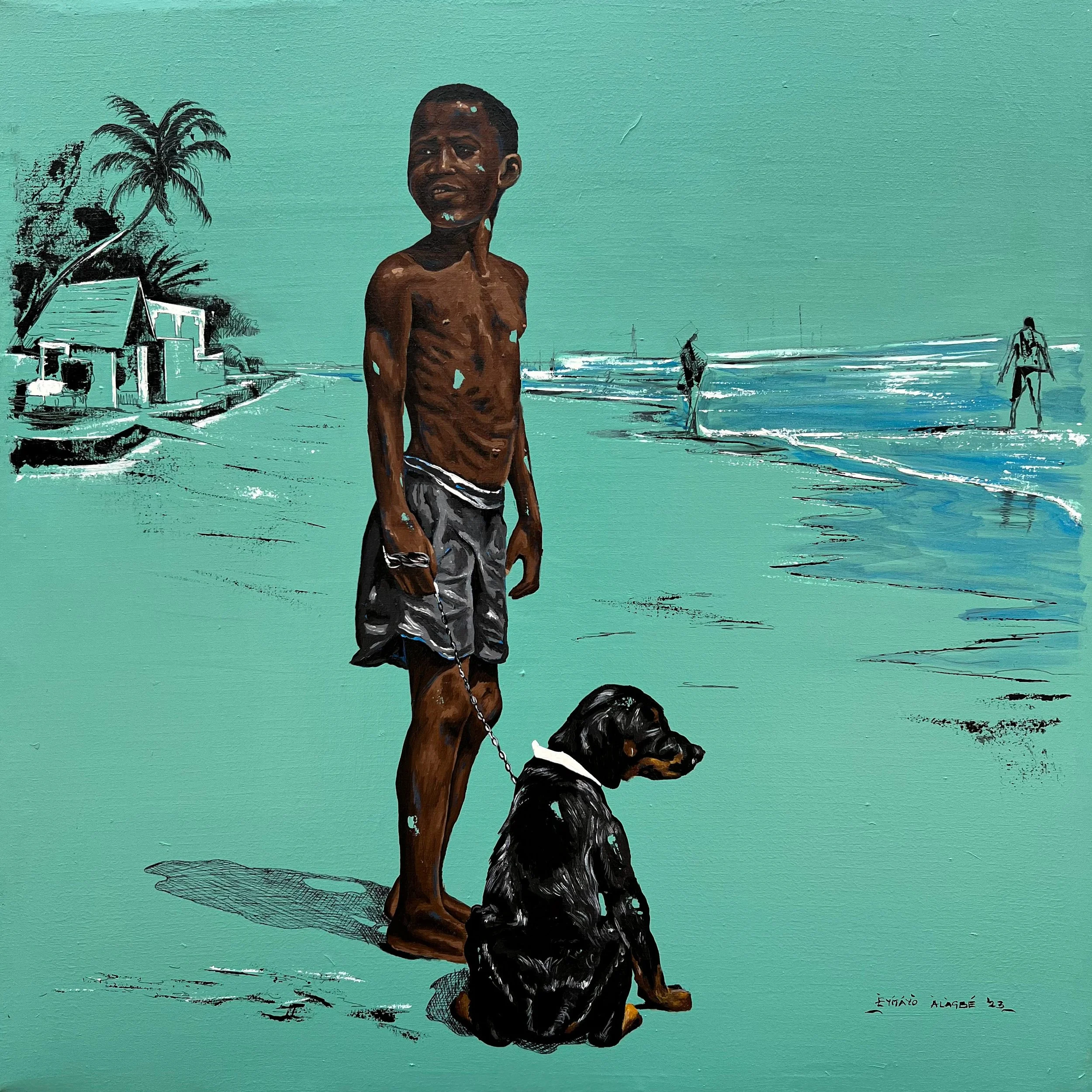 Painting of a young boy with dark skin and short hair, standing on a beach, holding a leash to a sitting black dog. The boy is shirtless, wearing gray shorts, and has beads on his wrist. The background features a turquoise sky, a small house with a palm tree, and two figures surfing or walking on the water.