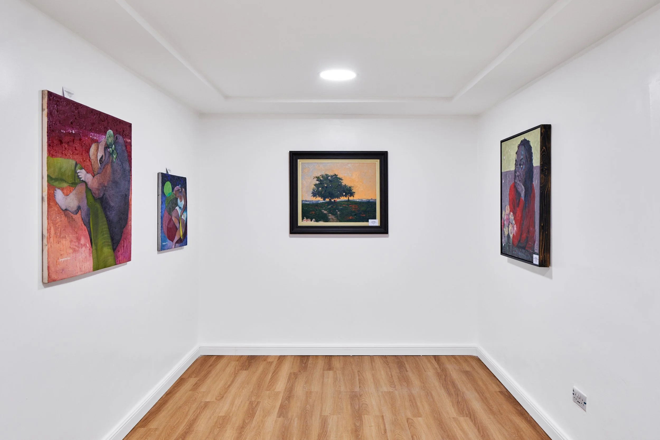 Art gallery with five paintings on white walls, wooden floor, and ceiling light fixture.