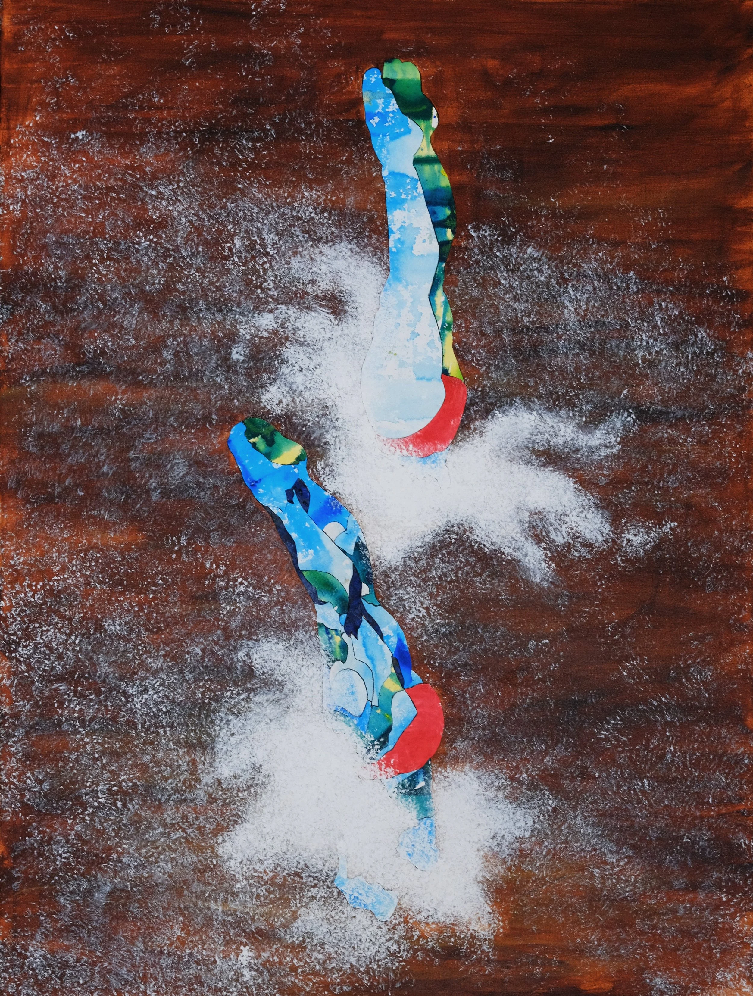 Abstract artwork of two foam tennis balls with multicolored, shadowed, and gradient patterns on a wooden surface, with white powder or dust splattered around them.