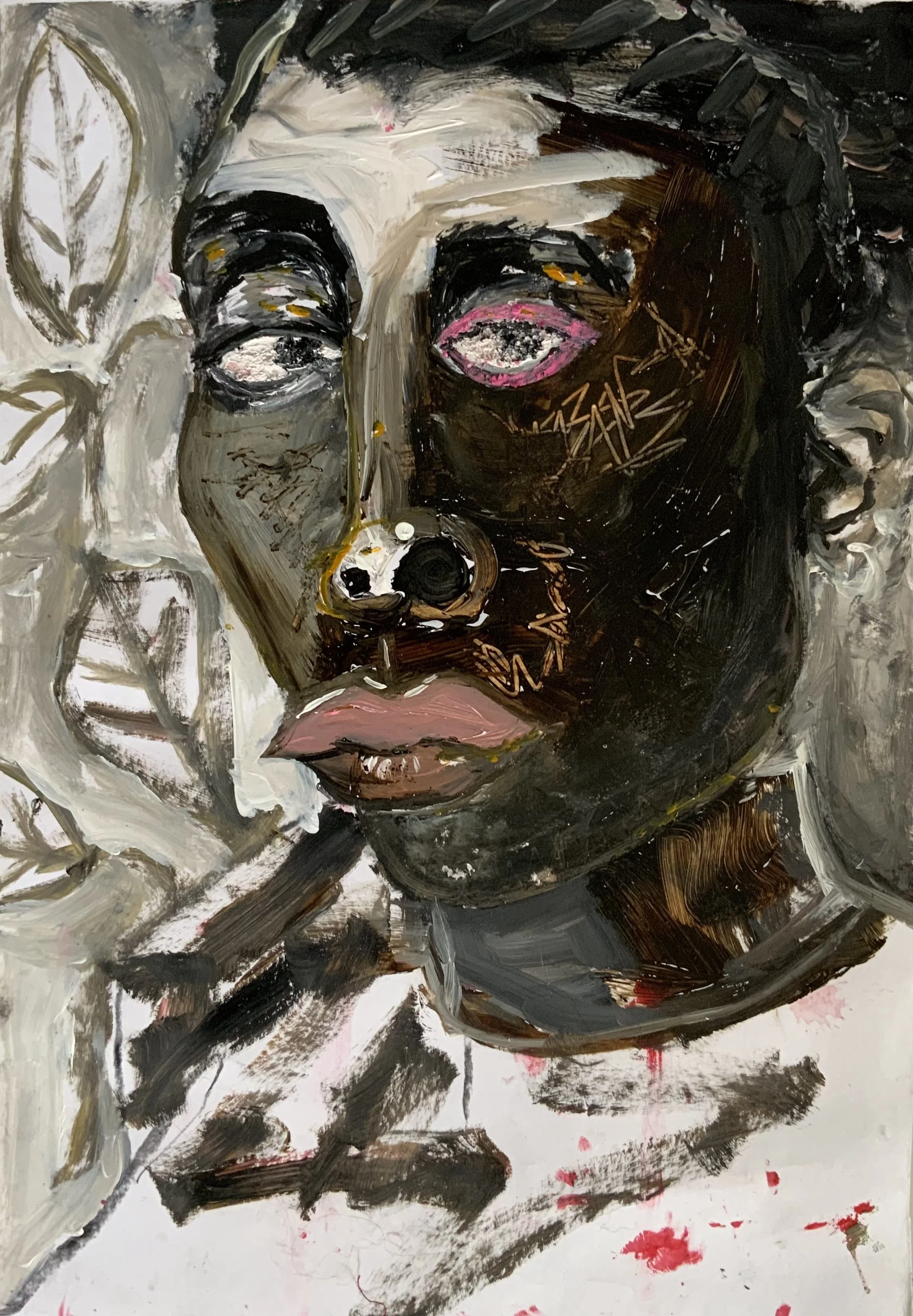 Abstract portrait of a woman with dark skin, short curly hair, pink lips, and white eyes, surrounded by textured brushstrokes and earthy tones.