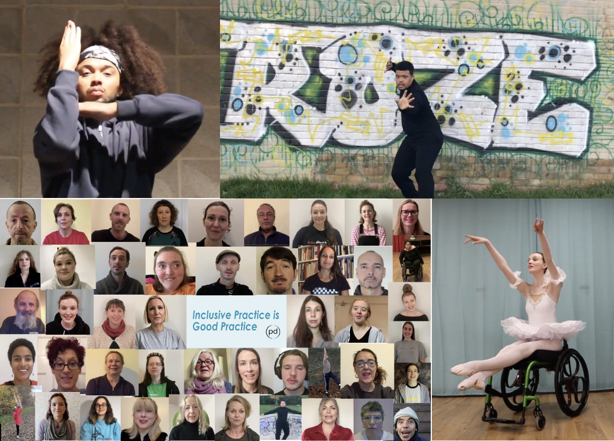 A collage featuring dancers, a classroom or virtual meeting with diverse people, and graffiti art