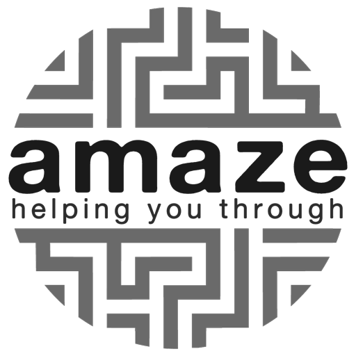 A circular logo featuring a maze-like pattern with the words 'helping you through' and the prominent text 'amaze' in the center.