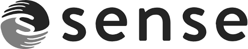 Close-up of the Sense logo with black letters on a white background.